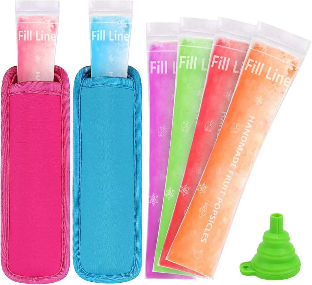 50 Disposable Ice Popsicle Mold Bag 2 Popsicle Holder, Freezer Tubes with Dual Zip Seals for Yogurt, Juice&Smoothies Snacks and Ice Pop Neoprene Anti Freezing Sleeves for Kids (Multicolor-5)