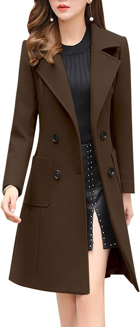 chouyatou Women Elegant Notched Collar Double Breasted Wool Blend Over Coat (Small, Coffee)