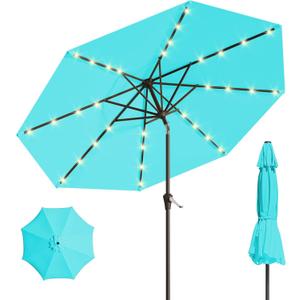 9FT Solar Umbrella 32 LED Lighted Patio Umbrella Table Market Umbrella w/Tilt and Crank, UV-Resistant Outdoor Umbrella for Pool, Garden, Deck, Aqua Blue