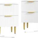 White Nightstand Set of 2, Fluted Night Stand with Charging Station, 13.8" D x 15" W x 23.2" H, 2 Drawers Modern Bedside Table with USB Ports and Outlets, Golden Side Table for Bedroom