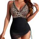 Blooming Jelly Women's One Piece Swimsuit Tummy Control Swim Dress Modest Bathing Suit Mesh Sarong Wraps Swim Suits (Large, Leopard and Black)