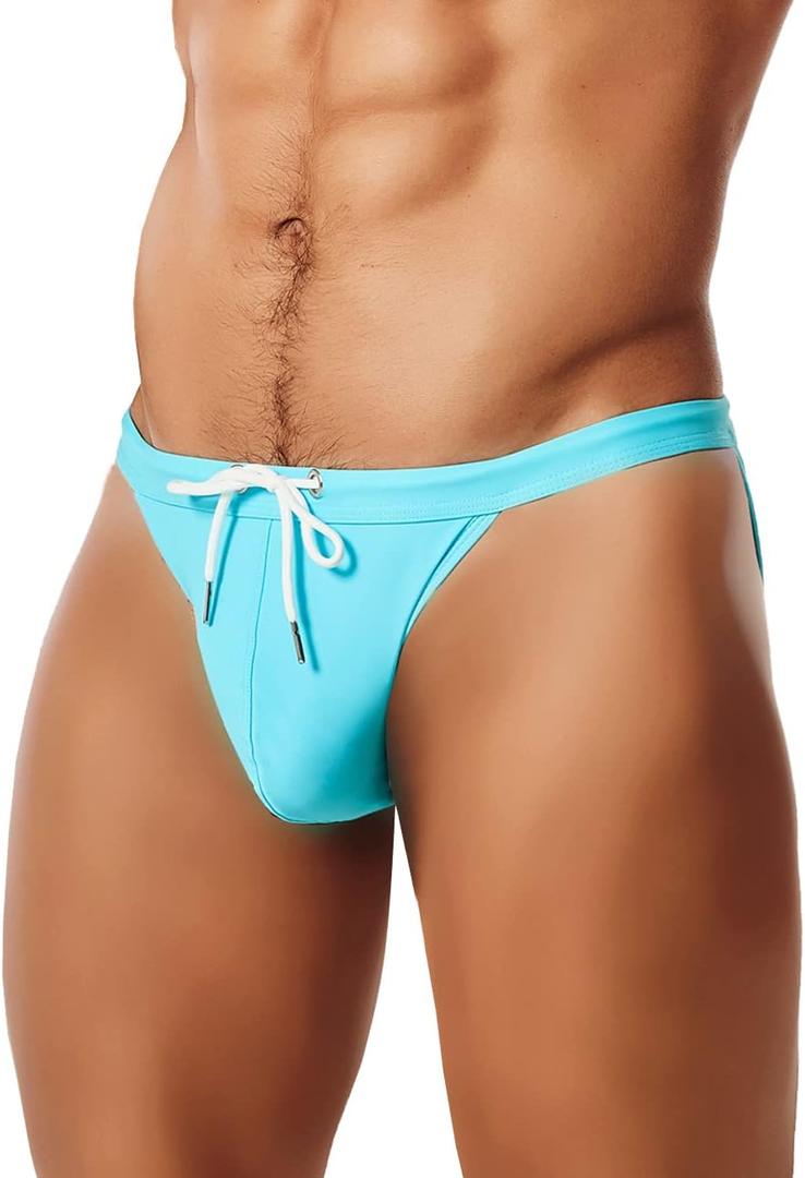 MIZOK Men's Sexy Low Rise Swimsuits Bikini Swimming Briefs Swimwear with Adjustable Drawstring (Large)