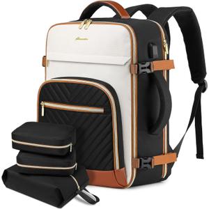 Large Carry On Travel Backpack: Flight Approved 40L Waterproof TSA Personal Item Daypack for Women Weekender Bag fit 17inch Laptop Luggage Backpack Traveling Business with USB Port and 3 Packing Cubes (Beige Black Brown)