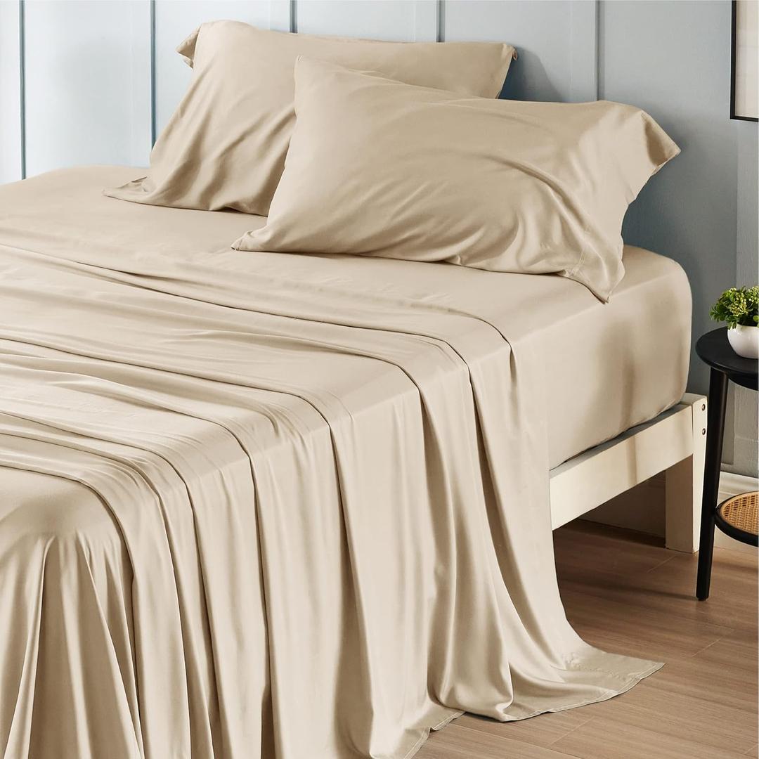 Bedsure Full Size Sheets, Cooling Sheets Full, Rayon Derived from Bamboo, Deep Pocket Up to 16", Breathable & Soft Bed Sheets, Hotel Luxury Silky Bedding Sheets & Pillowcases, Beige