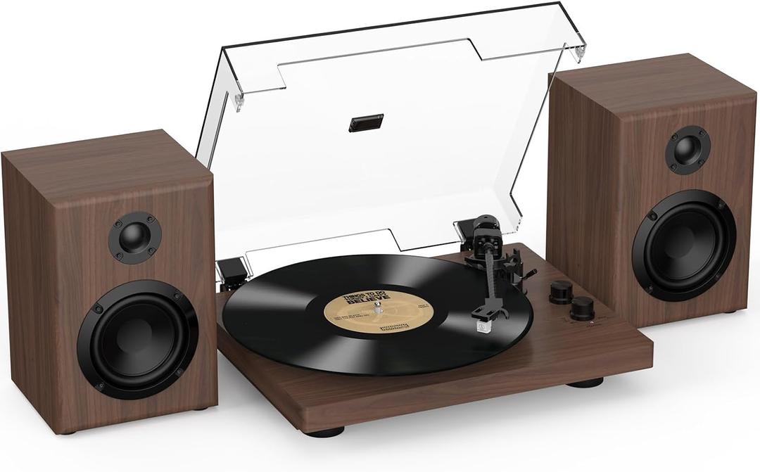 RetroAudio Vinyl Record Player with 24W Bookshelf Speakers, HiFi System Turntable for Viny Records, Vintage Vinyl Player with Magnetic Cartridge, BT in&Out, RCA Out, Auto Stop, 33/45RPM (Brown)