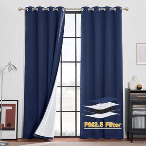 RYB HOME 4 in 1 Set Dust Filter - Soundproof - Blackout - Insulating, Energy Efficiency Linen Curtains for Kids Bedroom Living Room Divider Apartment Hotel Office Theatre, Navy Blue, W 52 x L 95, 2 Pcs