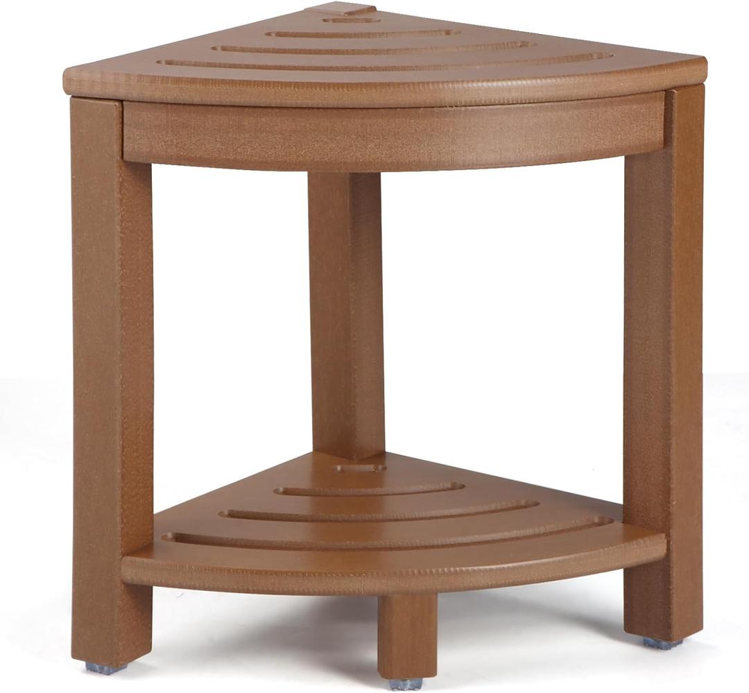 HDPE Corner Shower Stool,Shower Bench Seat with Storage Shelf for Shaving Legs Plastic Spa Bath Step Foot Rest for Bathroom Small Place (Teak)