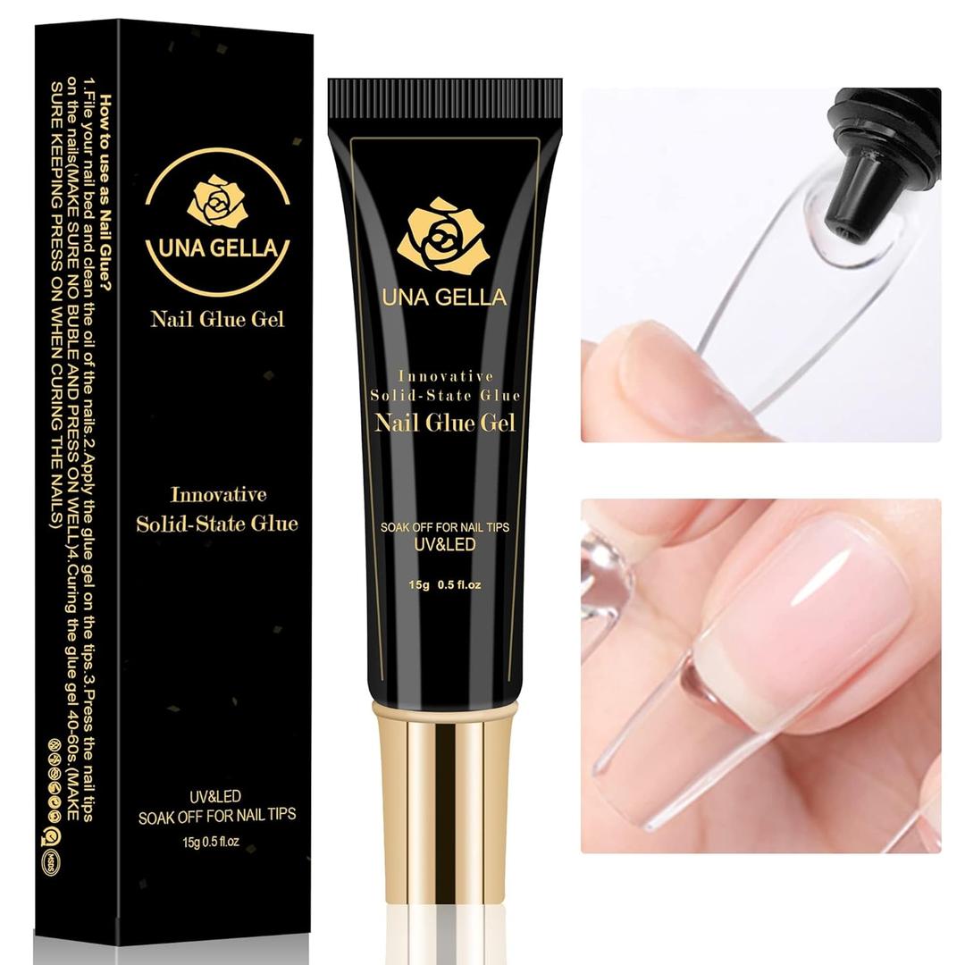 2 Pack UNA GELLA Solid Nail Glue Gel Soft Gel Nail Tips Glue 15ml Lamp Curing Needed Solid Soak Off Glue Super Strong Nail Glue For Fake Acrylic Nails Extension Press On Nails