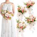 Ling's moment Artificial Flowers Pink Bridesmaid Bouquet Set of 4, Blush Garden Wedding Flowers Bouquets for Bridesmaids, 7 Inch Bridal Bouquets for Bridesmaids, Wedding, etc