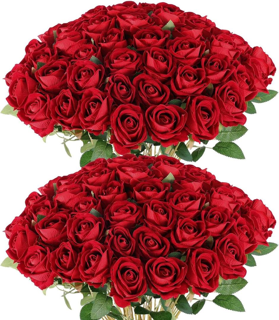 Hananona 50 Artificial Roses in Bulk, Fake Velvet Silk Burgundy Roses Realistic Red Roses for Wedding Centerpieces Flower Arrangement Home Decor (50, Burgundy)