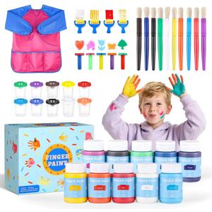 TMOL Washable Paint for Kids, 10 Colors (2 fl oz) 40 Pcs Non-Toxic Finger Paint Kit with Brushes, Sponge, Smock, Toddler Art Supplies for Painting, Craft & School Projects