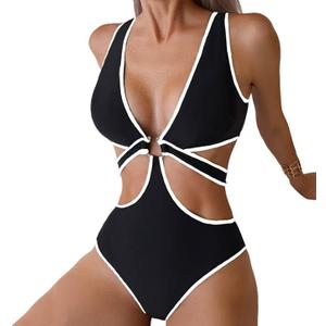 Women's Deep V Neck One Piece Swimsuit O-Ring Swimwear Sexy Cut Out Bathing Suit, Size: M