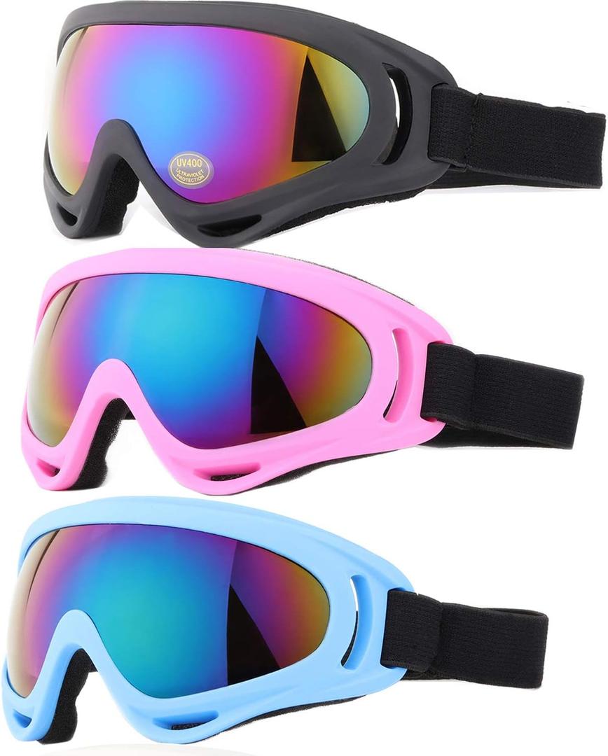 Ski Goggles, 3 Pack Snow Goggles for Men, Women, Kids & Youth, UV400 Protection for Skiing & Snowboarding (One Size, Black-Pink-Blue)