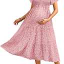 Maternity Dress for Baby Shower - 2025 Photoshoot Pregnancy Summer Midi Casual Flutter Sleeve Dress (Medium, Pink Floral)