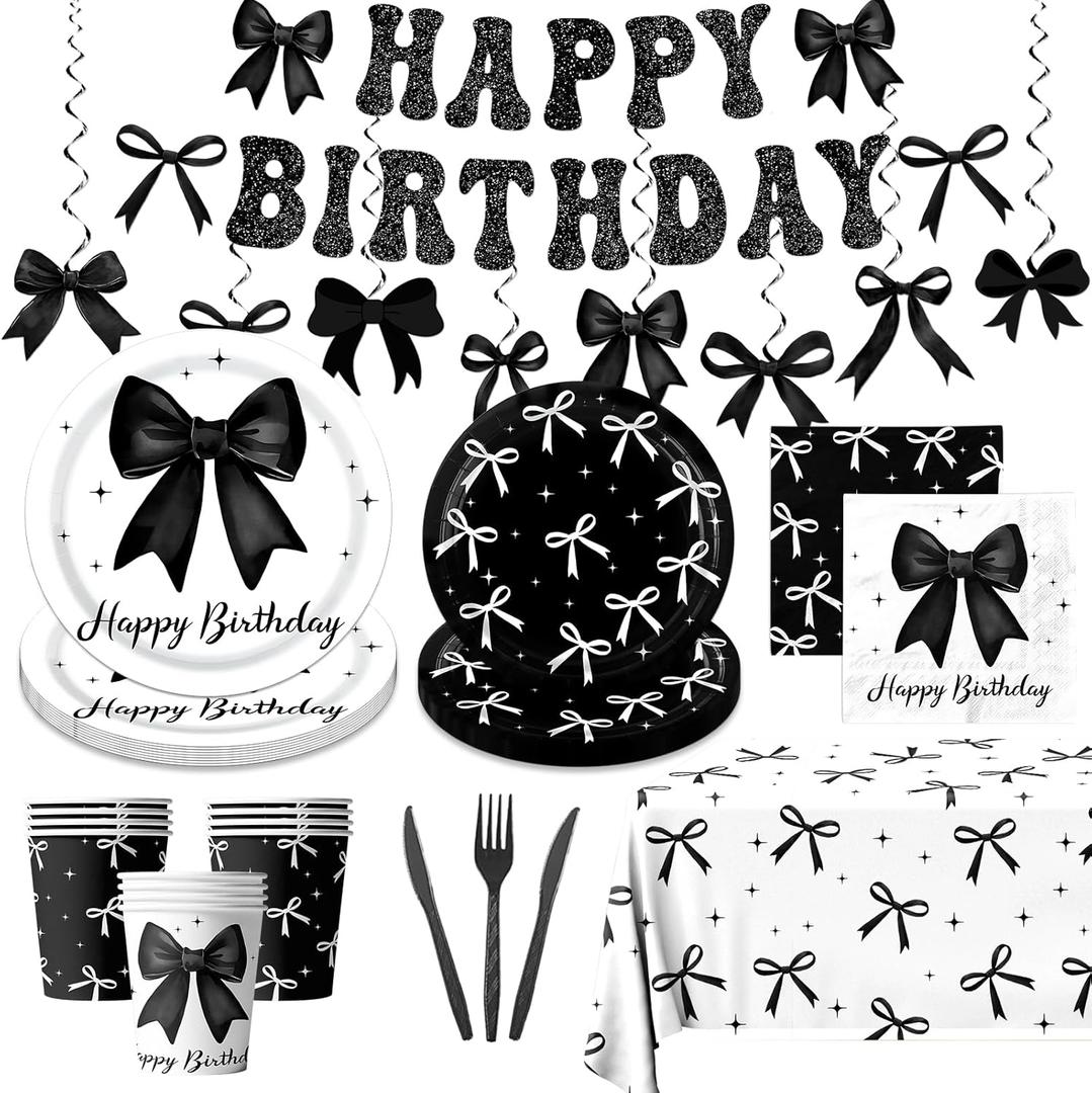 Black Bow Birthday Party Decoration Serve 24, Girl Coquette Birthday Tableware, Bow Happy Birthday Garland Banner, Disposable Plates, Napkins, Tablecloth, Cups for Bow Theme Party Supplies Decor