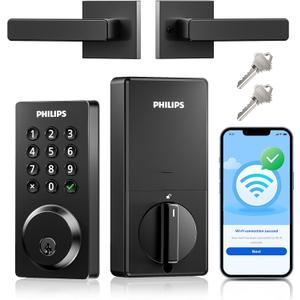 Philips WiFi Smart Door Lock with Handle, Built-in WiFi App Remote Control, Keyless Entry Door Locks for Front Door, Smart Deadbolt Auto Lock, Support Alexa & Google, IP54 Waterproof, Matte Black
