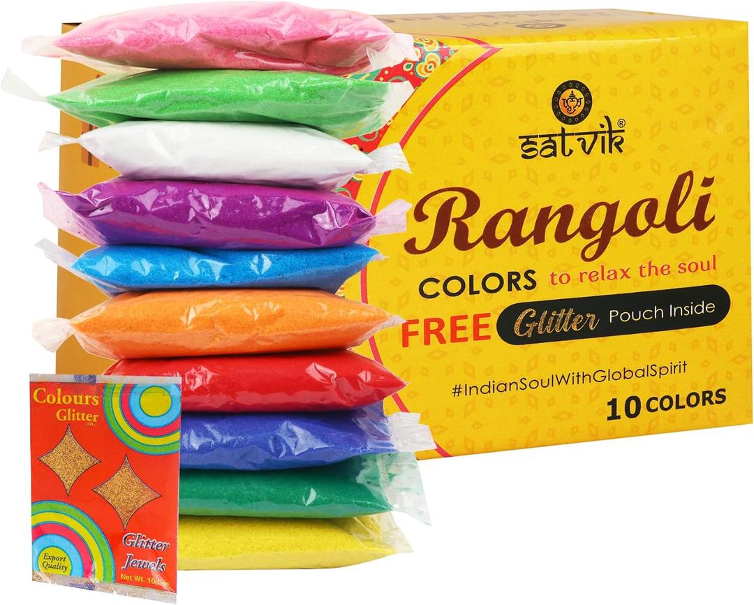 SATVIK - Pack of 10 - Shades Rangoli Color Powder Pouch Set with Glitter | Decorative Stone Powder for Art & Home Dcor | Easy to Store | No Gulal | Festival Floor Art Kit