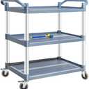 BRLJUNEO Plastic Utility Carts with Wheels, 3-Tier Medium Size Restaurant Food Cart, Heavy Duty 510lbs Capacity Rolling Service Cart w/Hammer for Commercial, Kitchen, Office (Lockable Wheels, M-Grey)