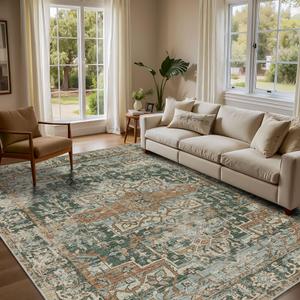 5x7 Area Rugs for Living Room Bedroom, Washable Rug, Green Vintage Retro Boho Rug, Non Slip & Low Pile Faux Wool Thin Carpet for Indoor Dining Room and Kids Room(Green/Brown 5x7ft)