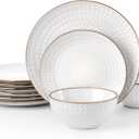 Famiware Eden Plates and Bowls Sets, Stoneware Dinnerware Sets with Gold Trim, 12 Pieces Dishes Set for 4 - Chip and Scratch Resistant, Microwave and Dishwasher Safe, White Circle