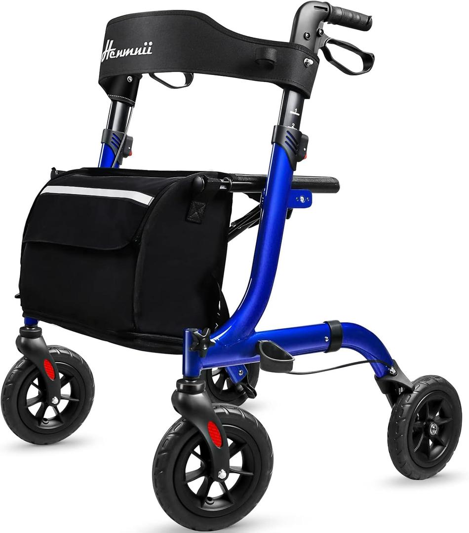 Rollator Walker for Seniors, Lightweight Foldable All Terrain Rolling Walker with seat, Aluminum Walkers with 8 inch Rubber Wheels, Handles and Backrest for Seniors and Adult (Blue)