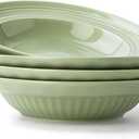 Wide Rim Soup Bowls, 11oz Small Capacity Rimmed Pasta Bowls Set of 4, 8 Inch Ceramic Salad Bowl, Shallow Plates, Elegant Dinner Cereal Serving - Microwave Dishwasher Oven Safe - Green