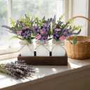 3 Pack Lavender Mason Jar Table Centerpiece Tiered Tray Decor with Wood Tray Artificial Floral and Plants Purple Pink Daisy Flower for Rustic Farmhouse Home Kitchen Bathroom Decor