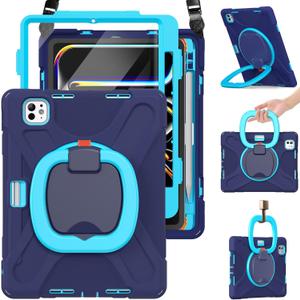 BRAECN for iPad Pro 11 Inch Case (M5/M4) 2025/2024, Shockproof Silicone Cover with Built-in Screen Protector, Multiple Adjustable Viewing Angles, Shoulder Strap, Handle Grip, Pencil Holder, Navy 