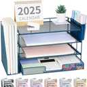 OPNICE Desk Organizer, 4-Tier Desktop File Organizer with Drawer and 2 Pen Holders, Office Desk Accessories, File Sorters, Workspace Organizers for Office Supplies(Dark Blue)