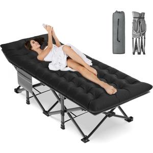 ZENPETIO Oversized XXL Folding Camping Cot, Heavy Duty Sleeping Cot for Adults with Mattress and Pillow, Portable Cot Bed with Carry Bag for Outdoor Camp Travel Home Guest Office, 78x32x18 (Gray Frame + Black Pad)
