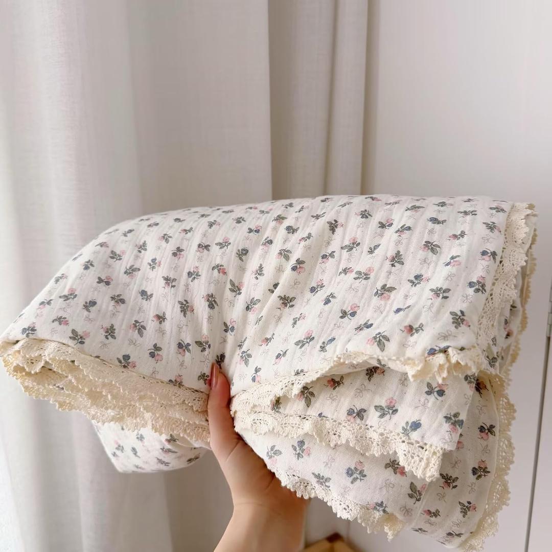 BuLuTu Pink Bellflower Print Muslin Cotton Quilted Blanket for Girls Boys Lightweight Soft Crib Blankets Toddler Comforter for Toddlers Kids Children, All Seasons, 47x59 Inches