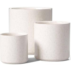 LE TAUCI Ceramic Pots for Plants, 10/8/6 Inch Indoor Planters with Draiange Hole, Silicone Plug & Mesh Pad, Modern Minimalist Pots for Home Office, Set of 3, Glossy, Linen Birch