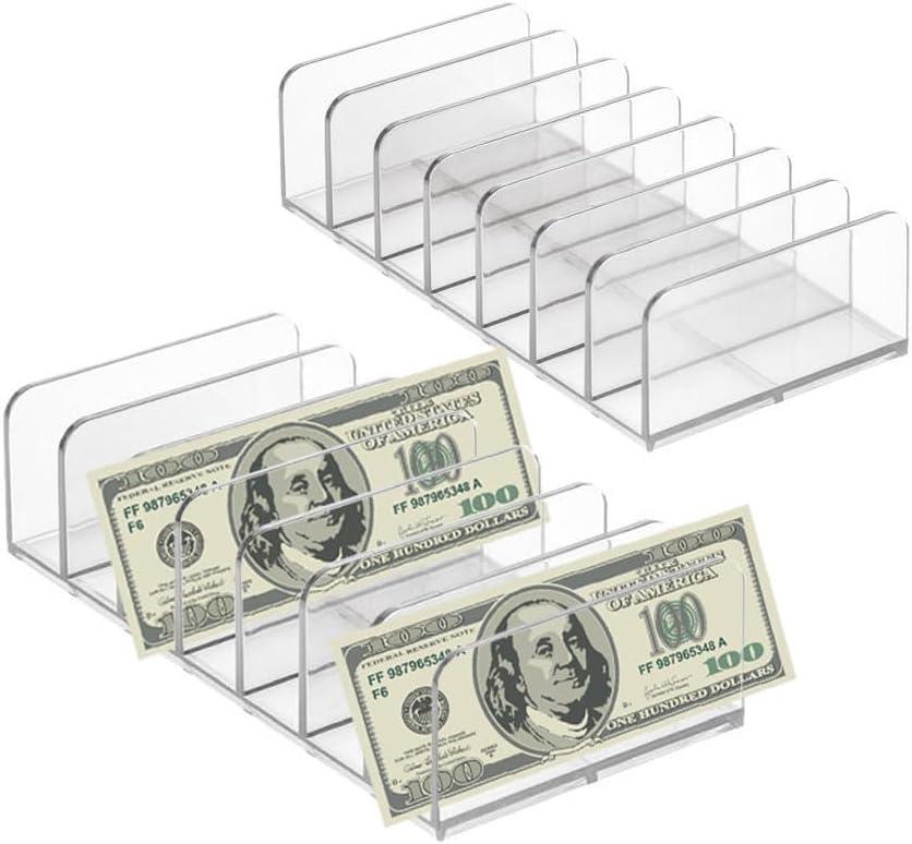 2 Pack Large Acrylic Money Organizer Cash Trays,7 Section 6.7"x4.9"x1.7" Dividers Money Organizer,Eyeshadow Makeup Palette Organizer,Clear Bill Money Organizer for Cash Envelope Card(Large)