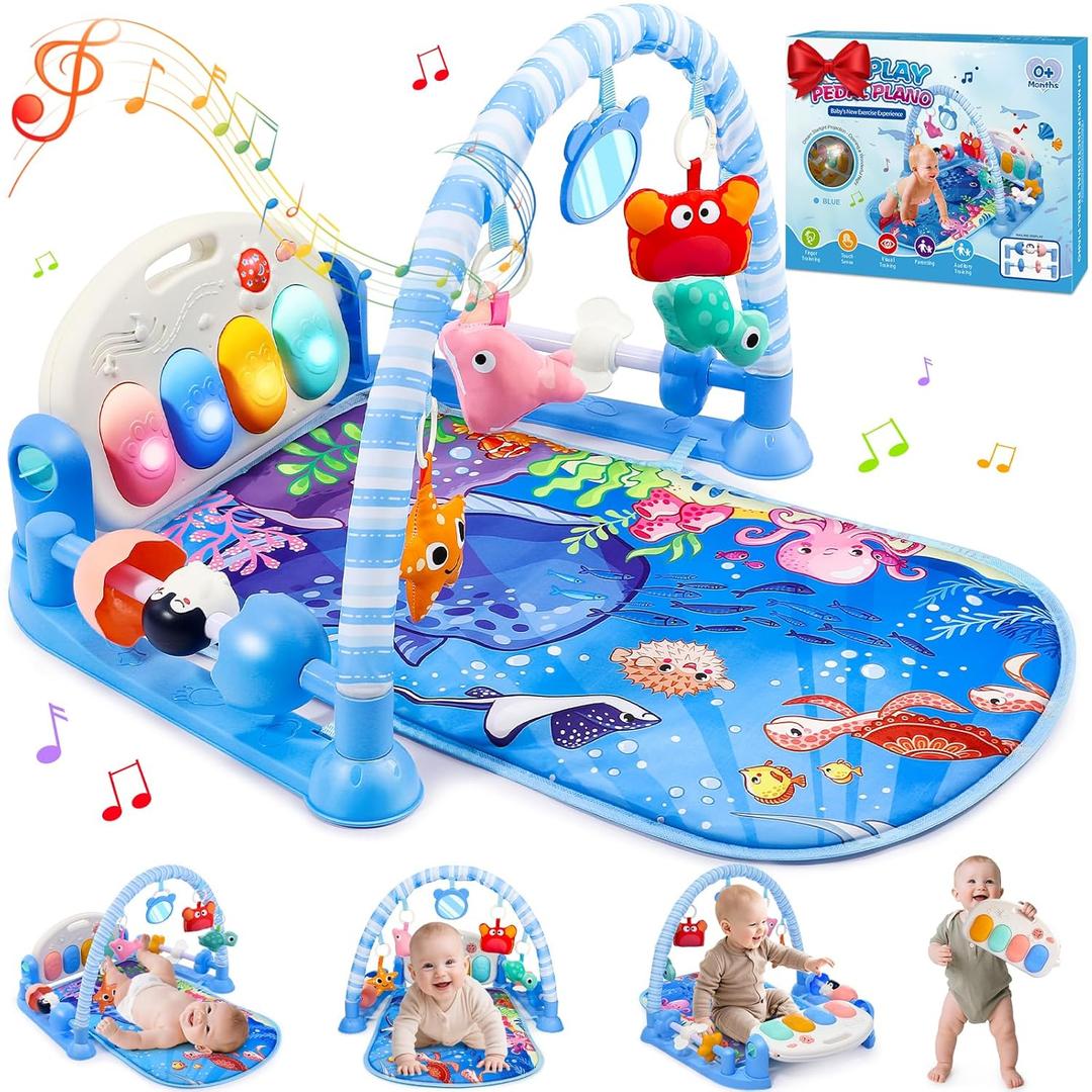 Baby Gyms Play Mats, Baby Toys Tummy Time Mat, Baby Activity Mat Play Piano Gym with 5 Sensory Toys for Babies, Music and Lights Boy & Girl Gifts for Infant Newborn Baby 0-3 4-6 6-9 6-12 Months (Blue)