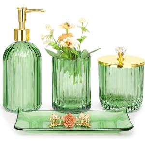 Haturi Bathroom Accessories Set, 4 Pcs Green Glass Bathroom Accessory Set Complete w/Lotion Soap Dispenser, Toothbrush Holder, Qtip Holder, Vanity Tray, Gold Bathroom Decor, Gift for Home Apartment