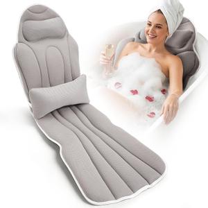 Full Body Bath Pillow for Bathtub, Thick 5D Air Mesh Luxury Spa Tub Cushion with Adjustable Lumbar Support, Extra Long Bathtub Pillow for Head and Neck Back, 192 Non-Slip Suction Cups, Gray, 56" x 19"