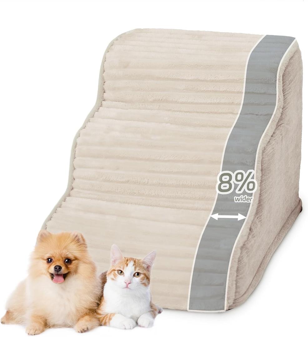 Laojin Balhen Dog Stairs for Small Dogs & Cats 15.7" H, High Density Foam Dog Steps Ramp for Couch Sofa and Chair, Widened 3-Step Pet Stairs with Non-Slip Bottom and Remove Washable Cover, Beige