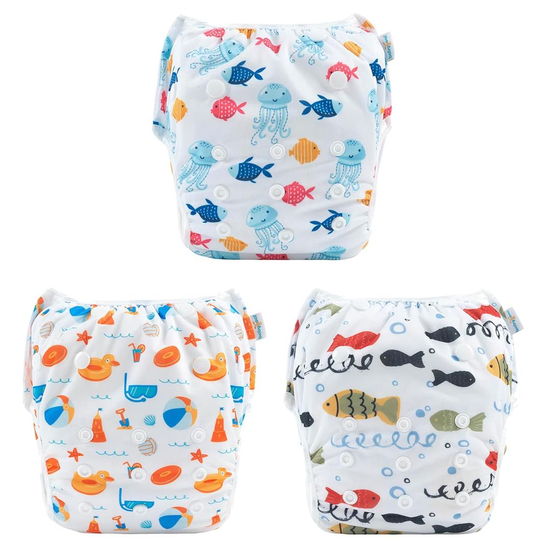 Babygoal Baby Swim Diapers 3 Pack for 0-8 Months Infant Girls and Boys, Reusable Adjustable Washable for Swimming Lessons-Fish, Duck
