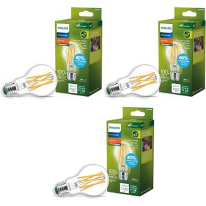 PHILIPS LED 100W A19 3-Pack Ultra Efficient Soft White (2700K) 1520 Lumen (8.9W = 100W) Dimmable Clear Flicker-Free Light Bulbs