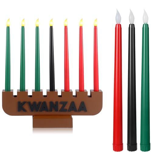 Baquler 8 Pcs Kwanzaa Kinara Set Kwanzaa Candles Flameless Battery Powered Electric Flameless Taper Candle with Kinara Holder Wood Stand for Decorations(Brown Holder)