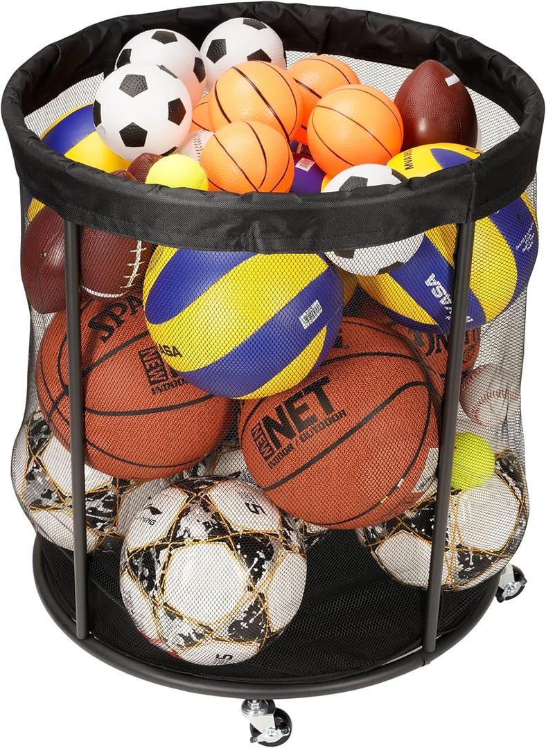 Sports Equipment Organizer for Garage, Mesh Ball Holder for Soccer, Basketball, Volleyball, Baseball, 48 Gals Ball Cart for Holding Ball, Rolling Sports Organizer, Black