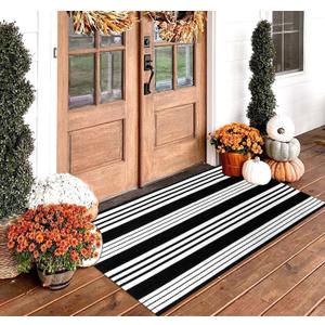 Black and White Striped Rug (27.5 x 43 Inches),Black and White Outdoor Rug, Hand-Woven Striped Rug Indoor/Outdoor Area Rug Front Door Floor Mat for Farmhouse/Porch/Living Room.