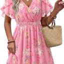 Womens Summer Ruffle Short Sleeve Dress V Neck Flowy Chiffon Layers Boho Dresses (Pink)