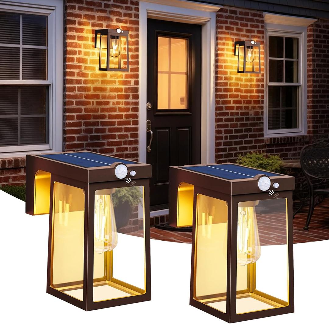 2 Pack Solar Porch Lights Outdoor with Motion Sensor, Dusk to Dawn Exterior Wall Lighting Fixtures Waterproof, LED Patio Lights Wall Sconce Outside Anti-Rust for Garage Frontdoor House, Brown