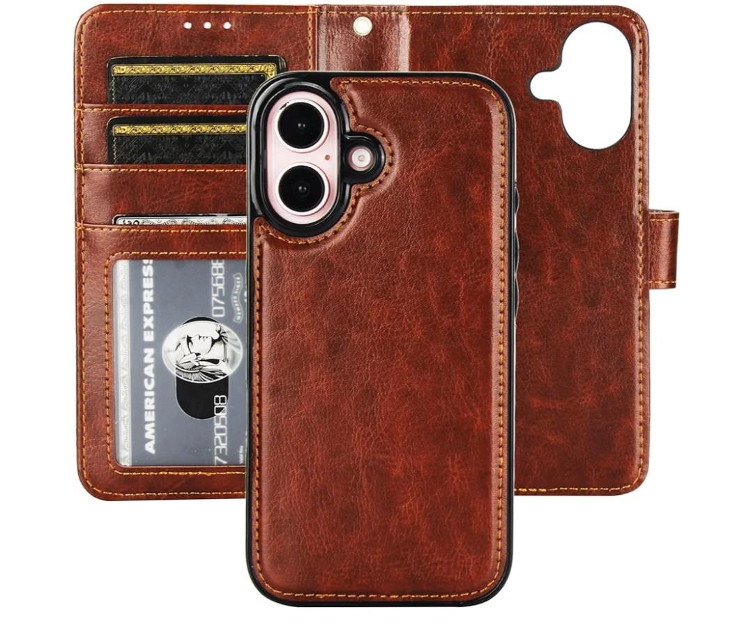 Bocasal Detachable Wallet Case for iPhone 16 RFID Blocking Card Slots Holder Premium PU Leather Magnetic Kickstand Shockproof Wrist Strap Removable Flip Protective Cover 5G 6.1 inch (Brown)