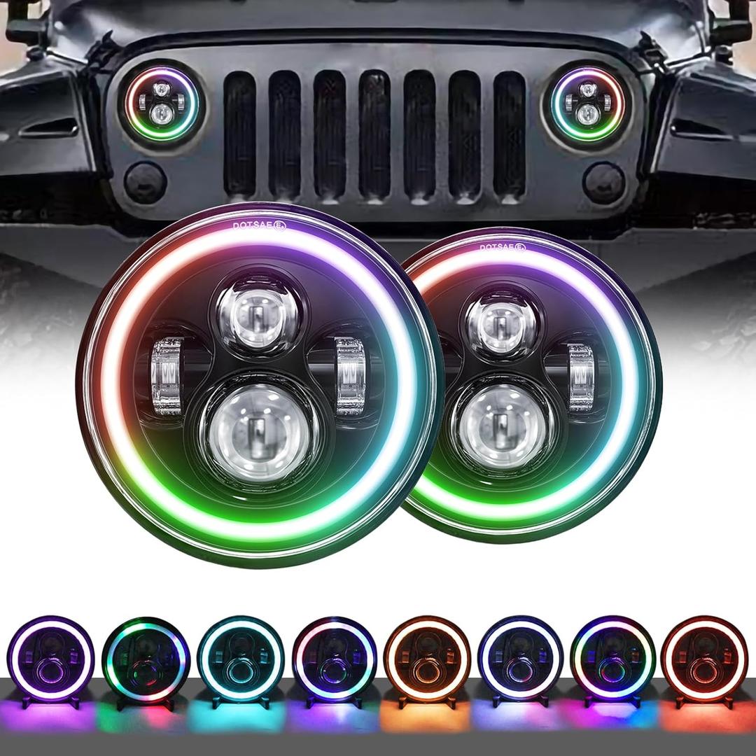 Shkalacar 7 inch LED Headlight Colorful Angle Eye Light 100W Round Headlight with High/Low Beam and DRL for Cars Motorcycles, Car Motorcycle Headlight Auto Ring Lights