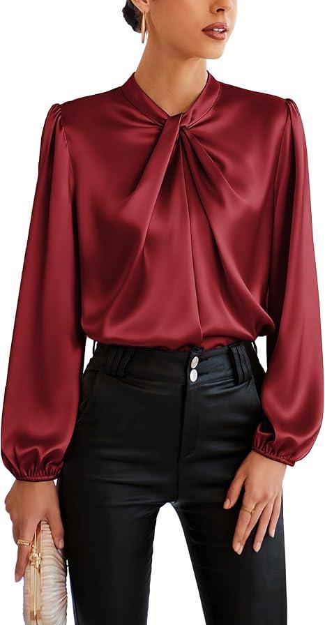 GRACE KARIN Women's Long Sleeve Satin Blouse,Mock Neck Work Silk Shirts,Dressy Tops for Business Casual Office 2XL