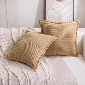 Puncuntex Beige Corduroy Throw Pillow Covers Set of 2 Boho Decorative 1818 Inch,Super Soft Pillowcase Cozy Striped Texture Cushion Cover for Couch,Sofa,Farmhouse,Living Room,Khaki