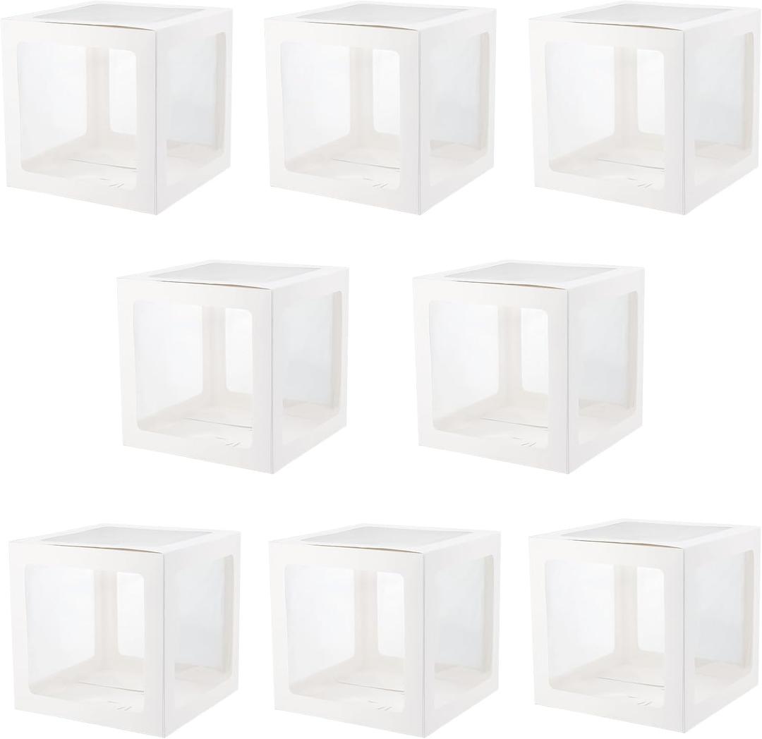 SEUNMUK 8 Pack White Decoration Balloon Boxes, Birthday White Party Decoration Boxe, Transparent DIY Balloon Boxes with 52 Letter for Theme Party Decor