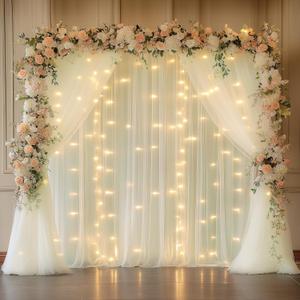 Fomcet Ivory Backdrop Curtains with Lights String 10X10FT Polyester Fabric & Tulle Curtains Backdrop Drapes for Back Drop Photoshoot Baby Shower Birthday Party Decor 2 Panels 5x10FT